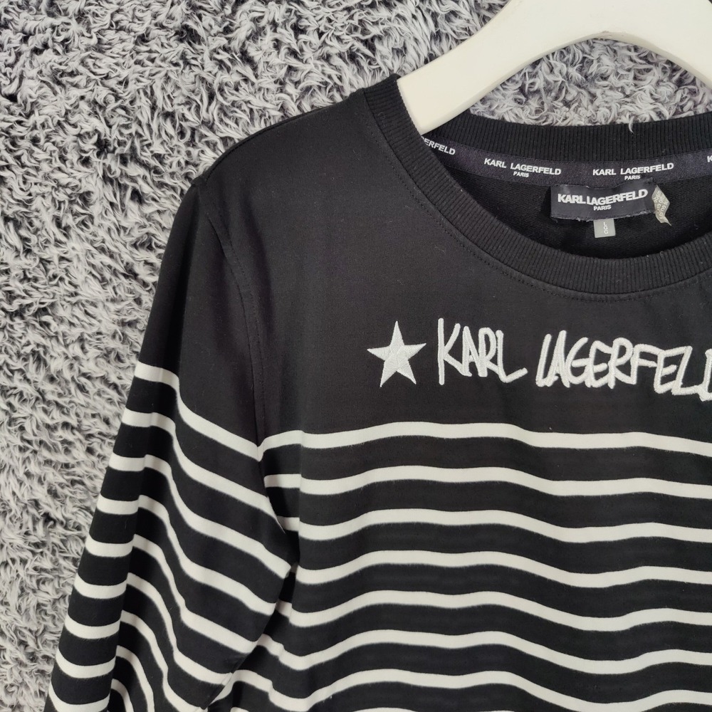 Karl Lagerfeld Paris Striped Crewneck Sweatshirt Logo Star Womens Large Nautical - Picture 8 of 16
